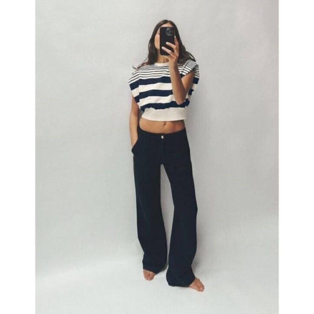 Zara Womens Chino Pants US 6 UK 10 Navy Blue Wide Leg High Waist 6147/068 NWT